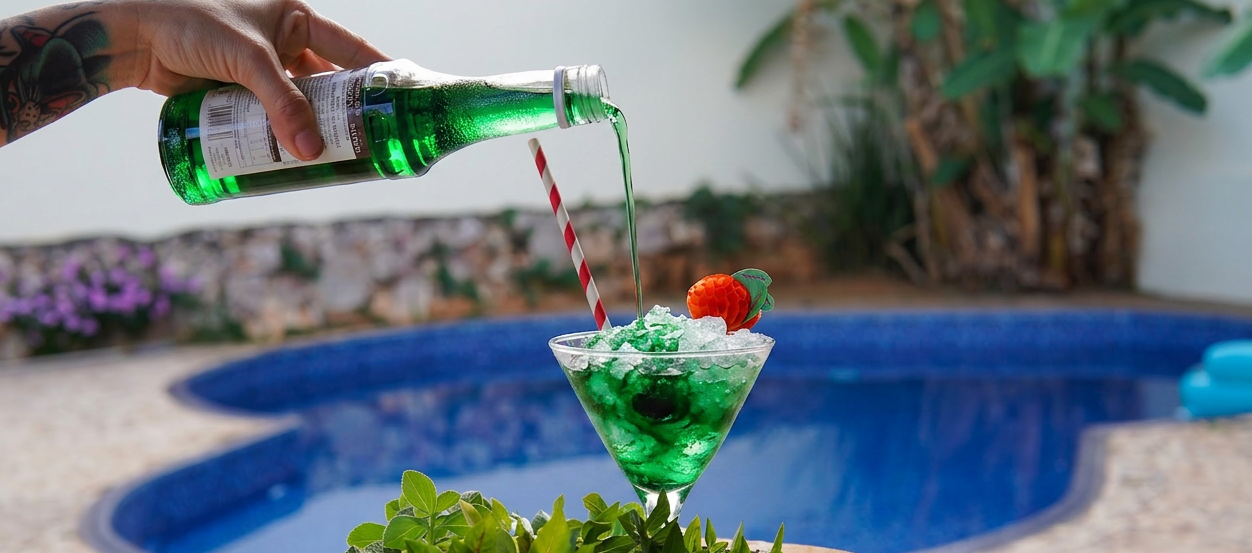 Raspadinha sendo preparada à beira da piscina